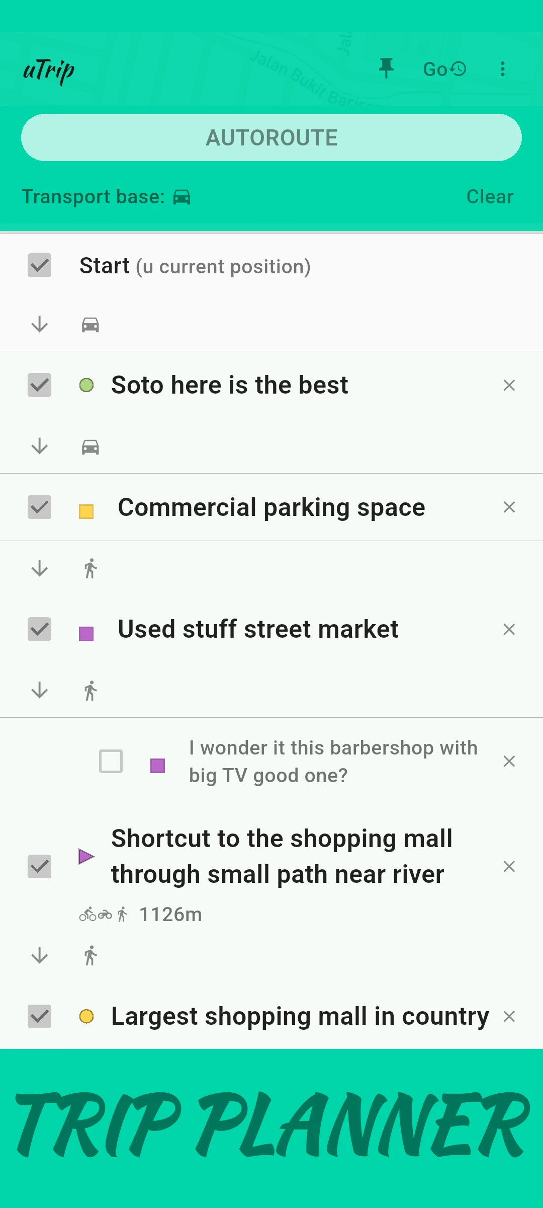 screenshot of trip planner